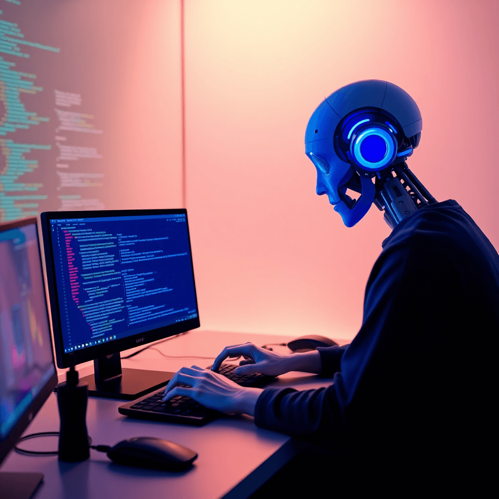 AI developer coding custom interfaces and integrations with multiple programming languages on modern setup