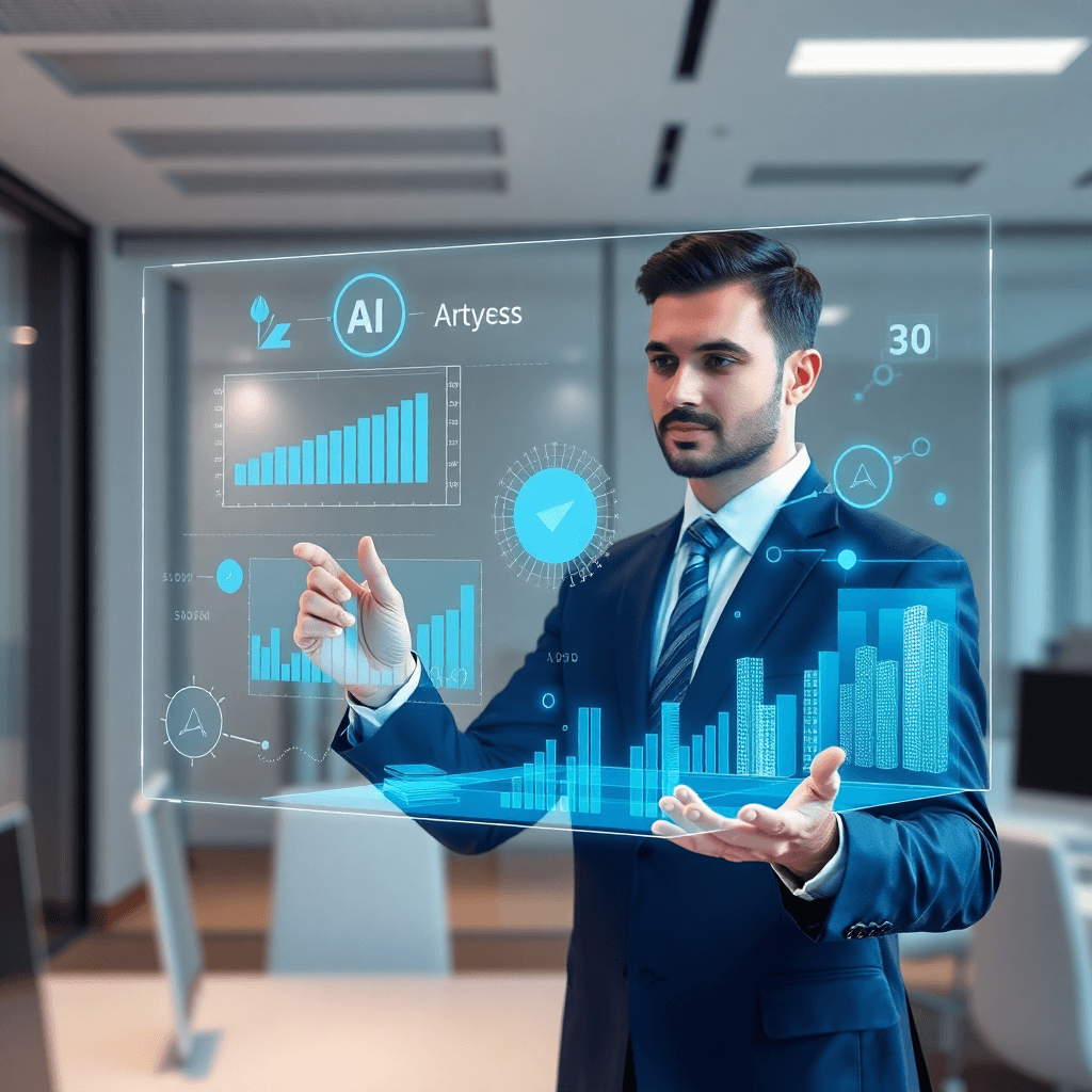 professional business person interacting with holographic AI data visualization, futuristic 3D charts and graphs floating in air, modern office setting, high-tech atmosphere, blue and white color scheme