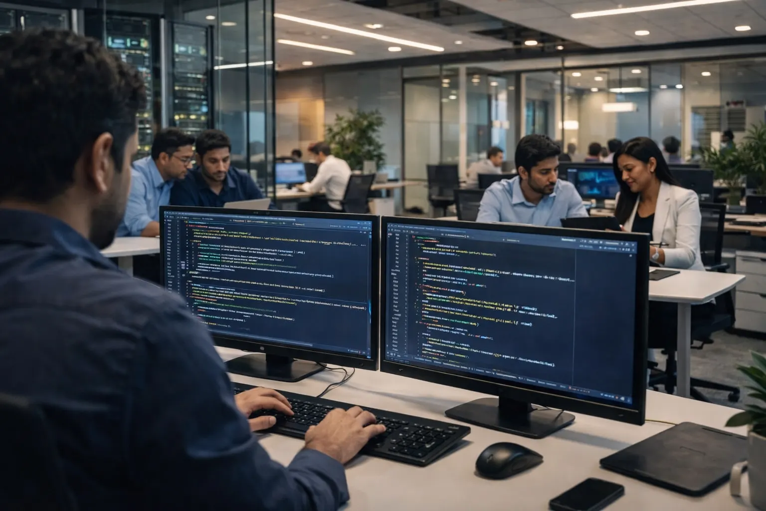 Modern tech office with team collaboration in a high-end, professional workspace