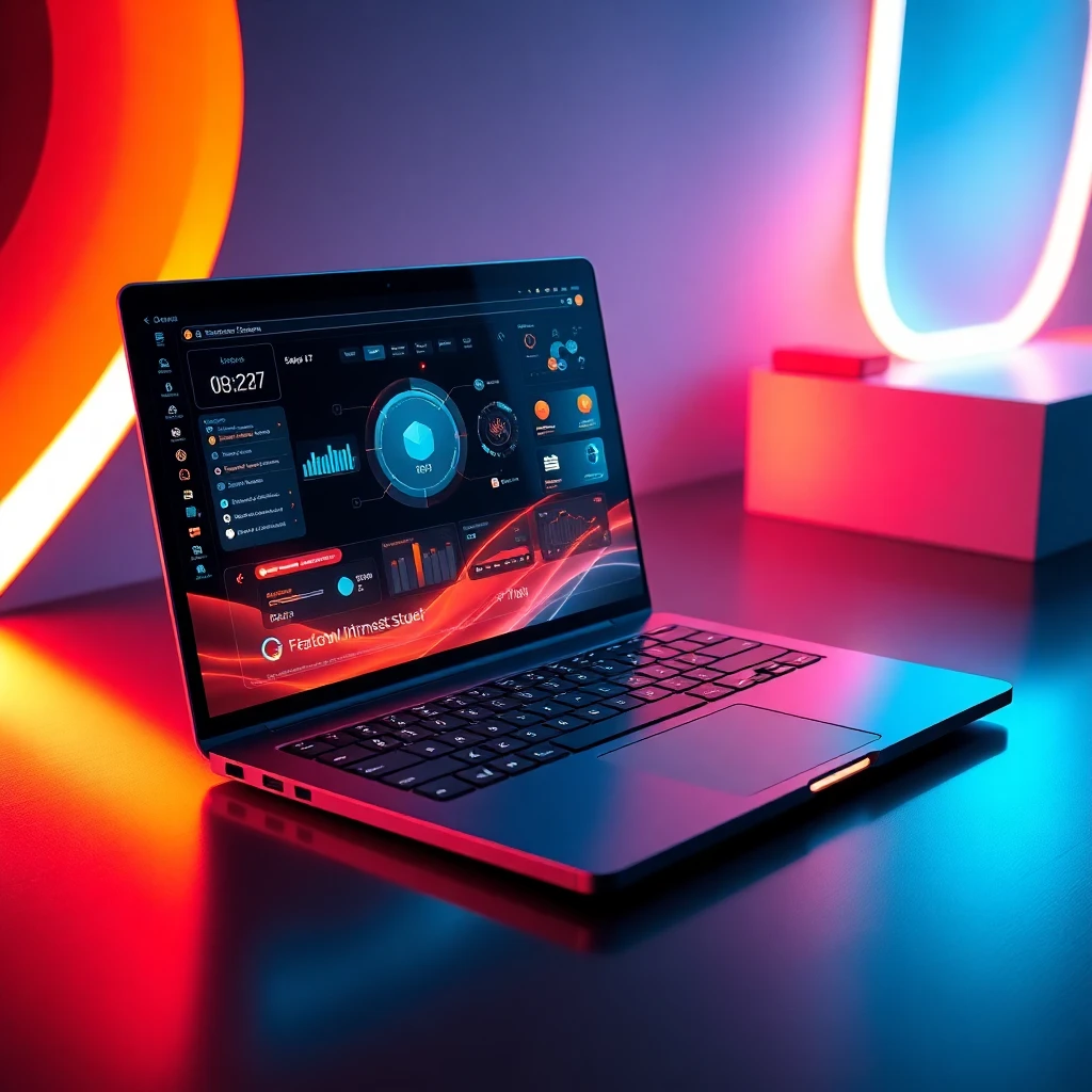 modern laptop displaying futuristic UI interface with glowing elements, dark theme, high tech