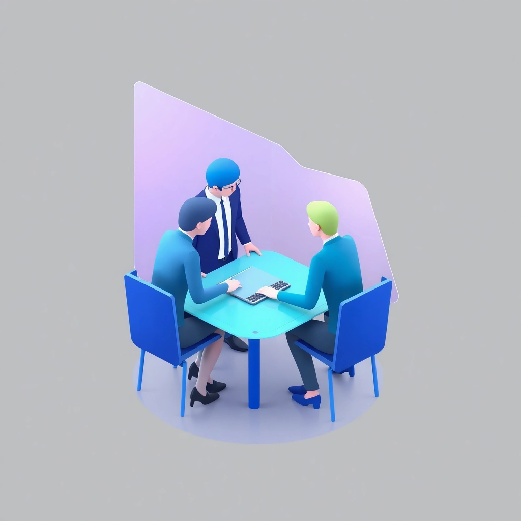 3D illustration of business team collaboration, modern tech style, gradient colors, semi-transparent geometric shapes