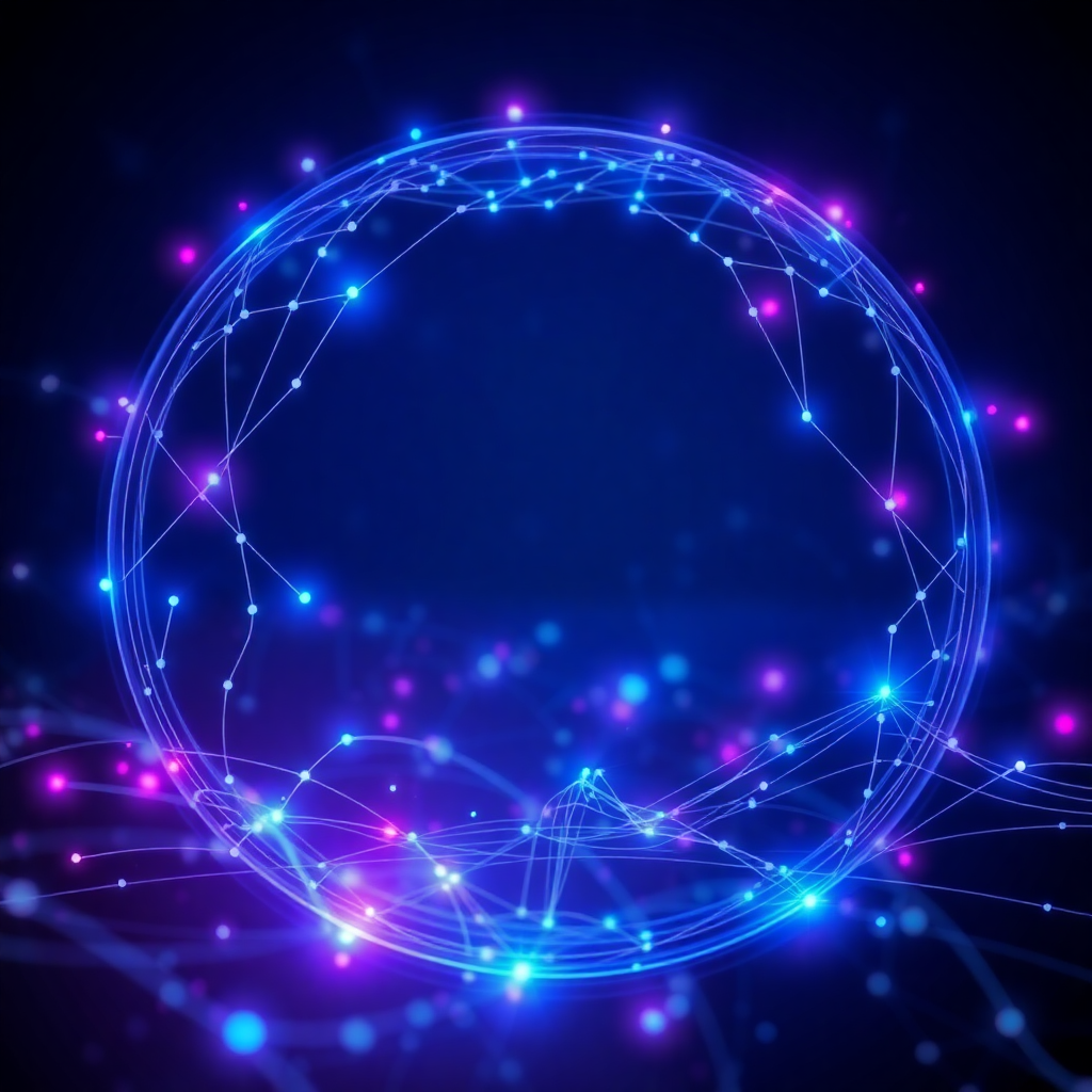 futuristic AI neural network visualization with flowing data streams, holographic interfaces, dark blue and purple gradient background