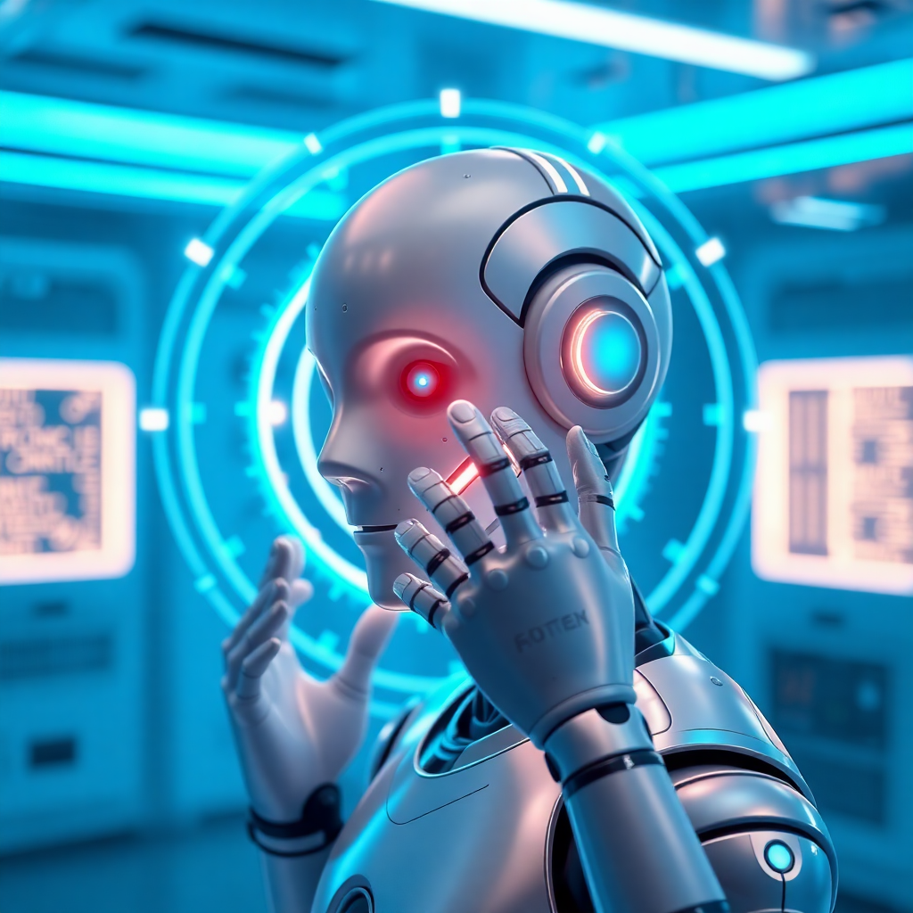 futuristic AI robot facing forward, interacting with glowing circular digital interface, sci-fi holographic display, blue and cyan lighting, high-tech laboratory setting, sleek metallic design, professional 3D render