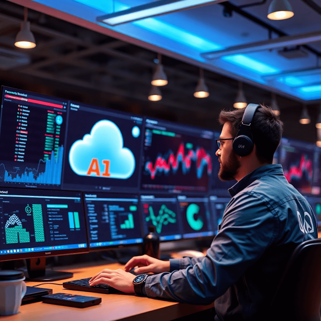 DevOps engineer managing AI infrastructure deployment with cloud services and monitoring dashboards