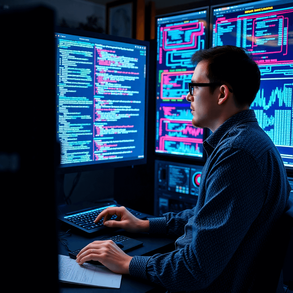 machine learning engineer optimizing neural network models on high-tech workstation with code and graphs