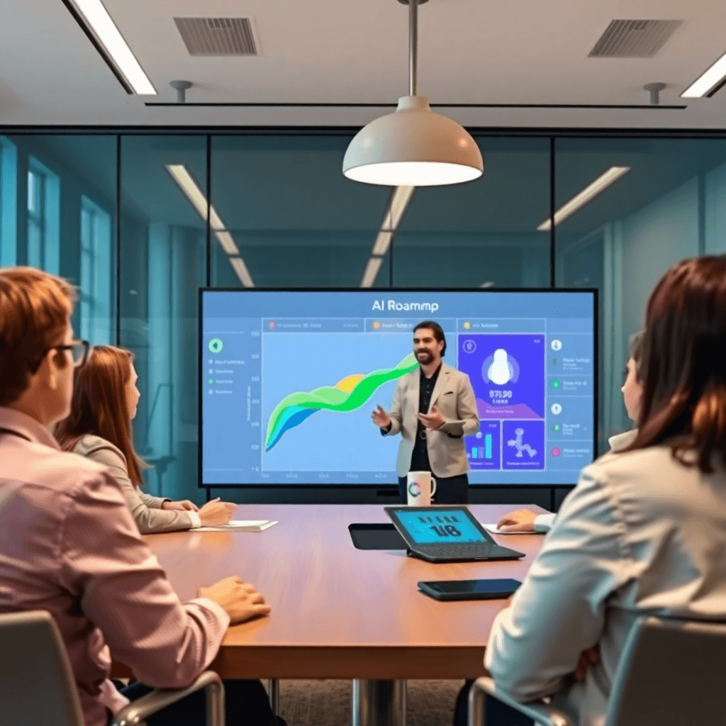 product manager reviewing AI roadmap with stakeholders in modern conference room with digital displays