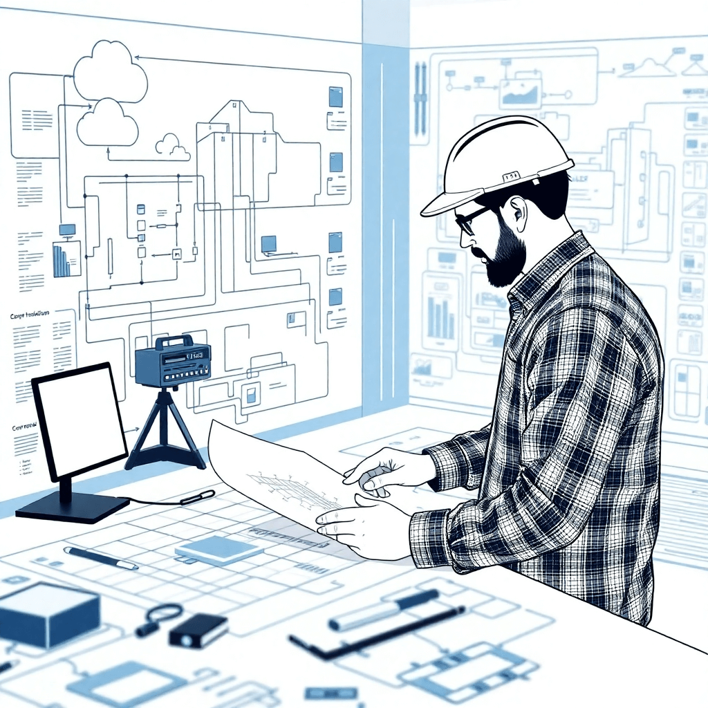 solution architect designing system blueprints with network diagrams and cloud infrastructure planning